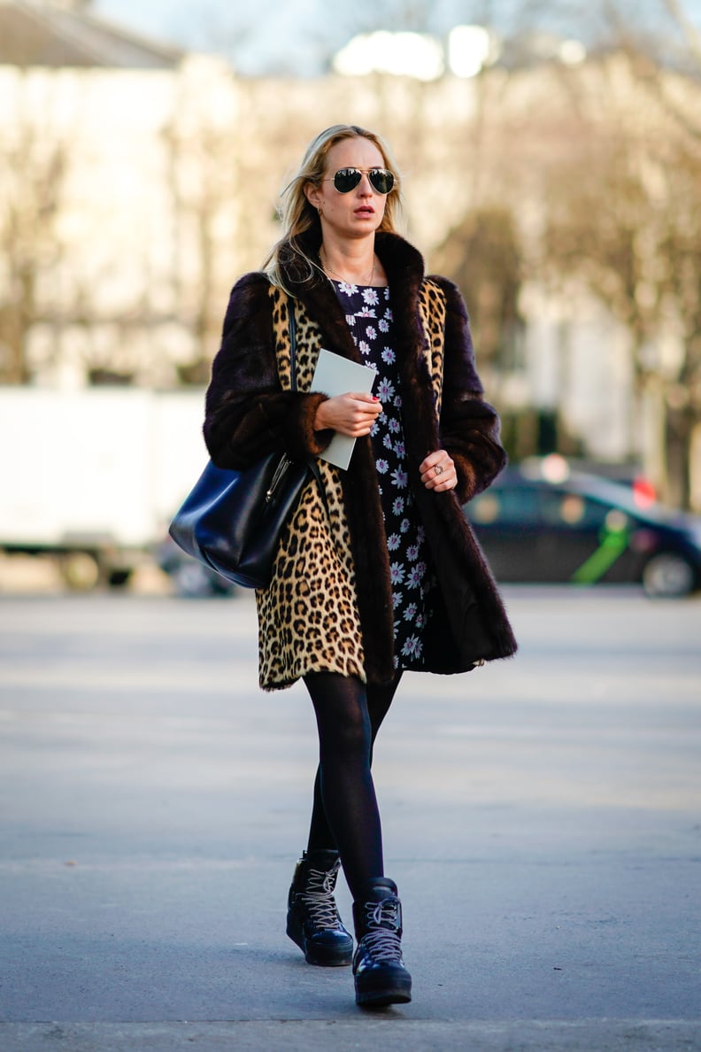 Style a Floral Dress With a Leopard-Print Coat