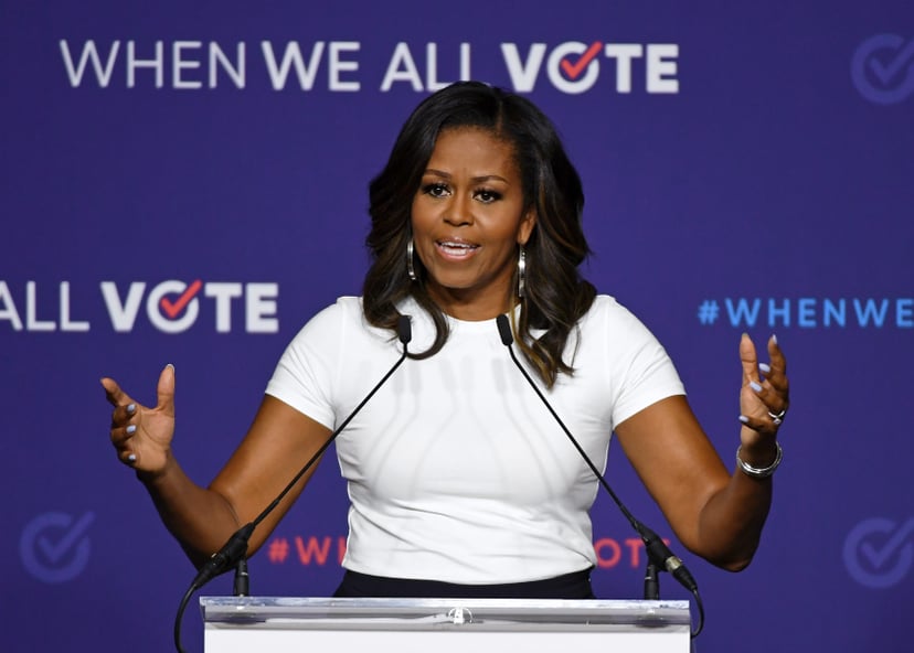 LAS VEGAS, NV - SEPTEMBER 23:  Former first lady Michelle Obama speaks during a rally for When We All Vote's National Week of Action at Chaparral High School on September 23, 2018 in Las Vegas, Nevada. Obama is the founder and a co-chairwoman of the organ