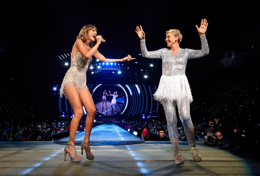 Taylor may have had models up on stage with her, but her most fashionable guest is Ellen — hands down.