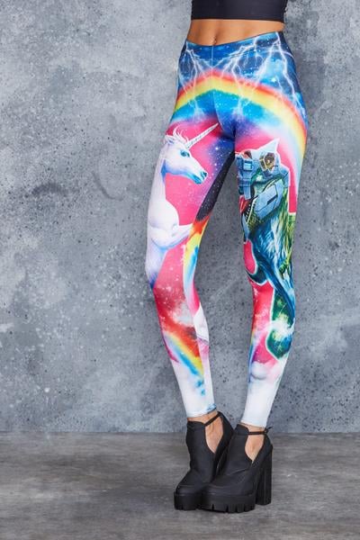 unicorn vs. robot dinosaur leggings
