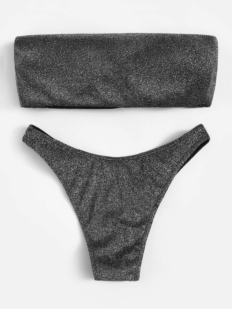 Shein Glitter Bandeau With High Leg Bikini Set | Kendall Jenner Silver ...