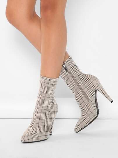 Shein Plaid Printed Pointed Stretch Sock Heel Booties