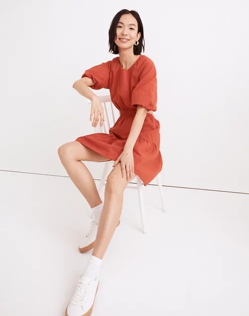 Madewell Seersucker Puff-Sleeve Cutout Mini Dress