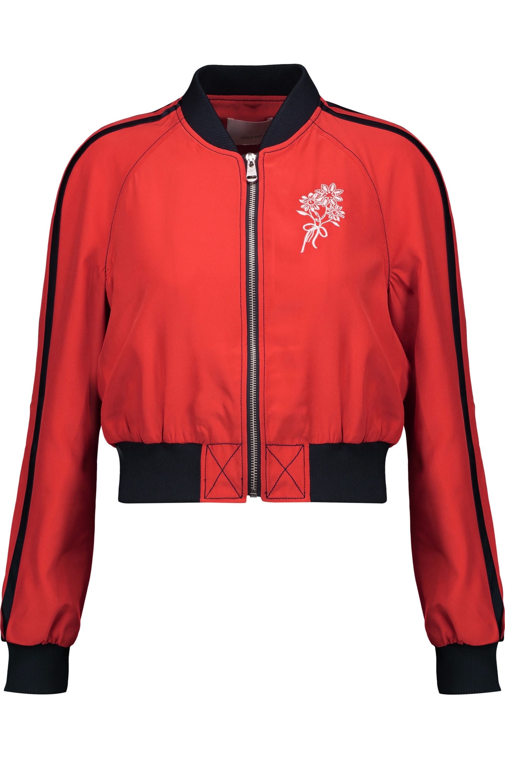 Cinq Sept Emerson Cropped Embroidered Silk Satin Bomber Jacket