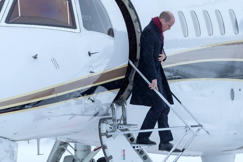 OSLO, NORWAY - FEBRUARY 01: Prince William, Duke of Cambridge walks down the steps of an aeroplane during as he arrives at the Gardermoen Air Force Base on day 3 of the royal visit to Sweden and Norway on February 1, 2018 in Oslo, Norway. (Photo by Nigel 