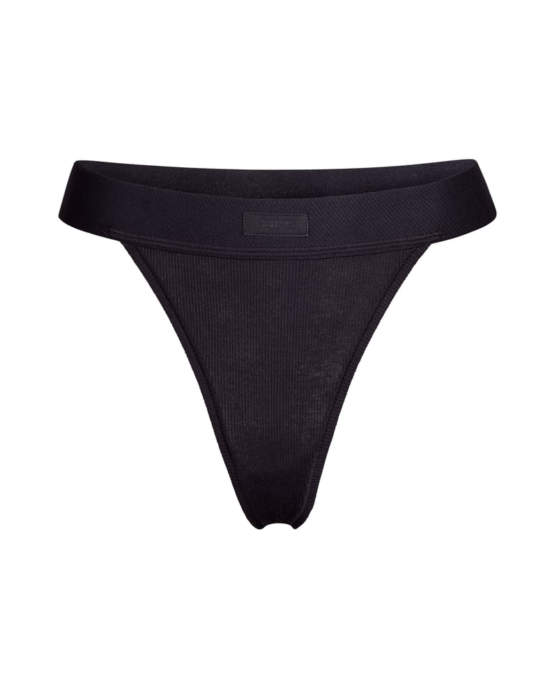 Skims Cotton Ribbed Thong in Soot