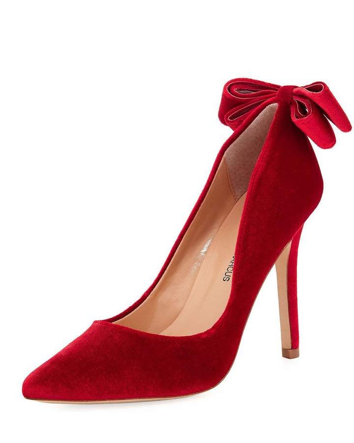 Neiman Marcus Verity Bow-Heel Velvet Pumps | Toss Your Boring Black Heels Aside and Wear 1 of These Red Options Instead | POPSUGAR Fashion Photo
