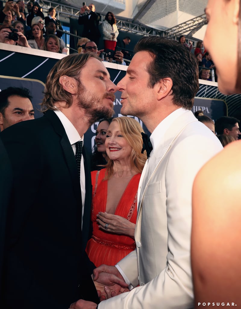 Sure, Lady Gaga and Bradley Cooper make a great duo, but what about Bradley Cooper and Dax Shepard? During the Golden Globes on Sunday, the former costars had a fun reunion on the red carpet. The two costarred in the film Hit and Run alongside Dax's wife Kristen Bell in 2012 and have remained good friends ever since. In addition to mingling with Bradley and his girlfriend Irina Shayk, Dax also shared a hilarious moment with Bradley when he leaned in for a kiss. Patricia Clarkson's reaction pretty much says it all. 
Dax did say that Bradley was his new celebrity crush when he appeared on The Ellen DeGeneres Show recently. In fact, he said that he is more than happy to replace Bradley in A Star Is Born. Perhaps Dax was trying to offer ideas for a potential sequel? See their hilarious encounter ahead! 

    Related:

            
            
                                    
                            

            55 Photos From the Golden Globes Afterparties, Because That&apos;s Where the Real Fun Goes Down