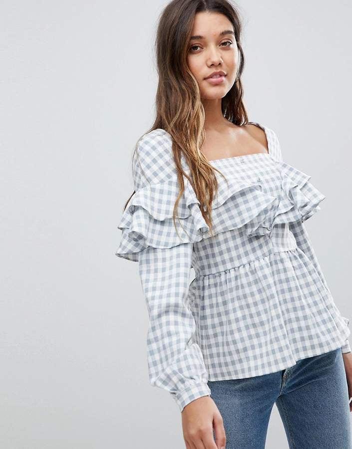 Peplum Blouse With Ruffles in Check