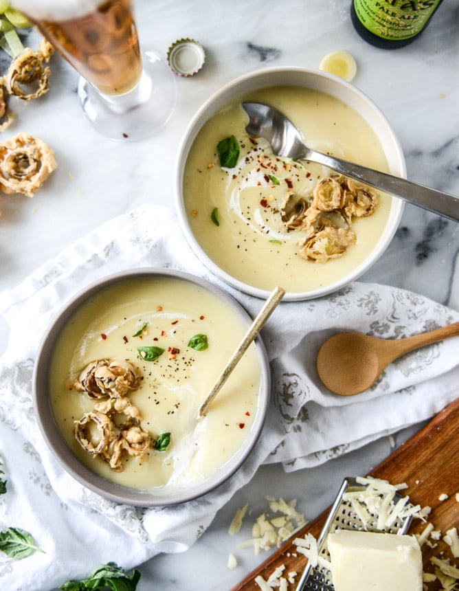 Irish Ale Potato Cheddar Soup With Beer-Battered Leeks