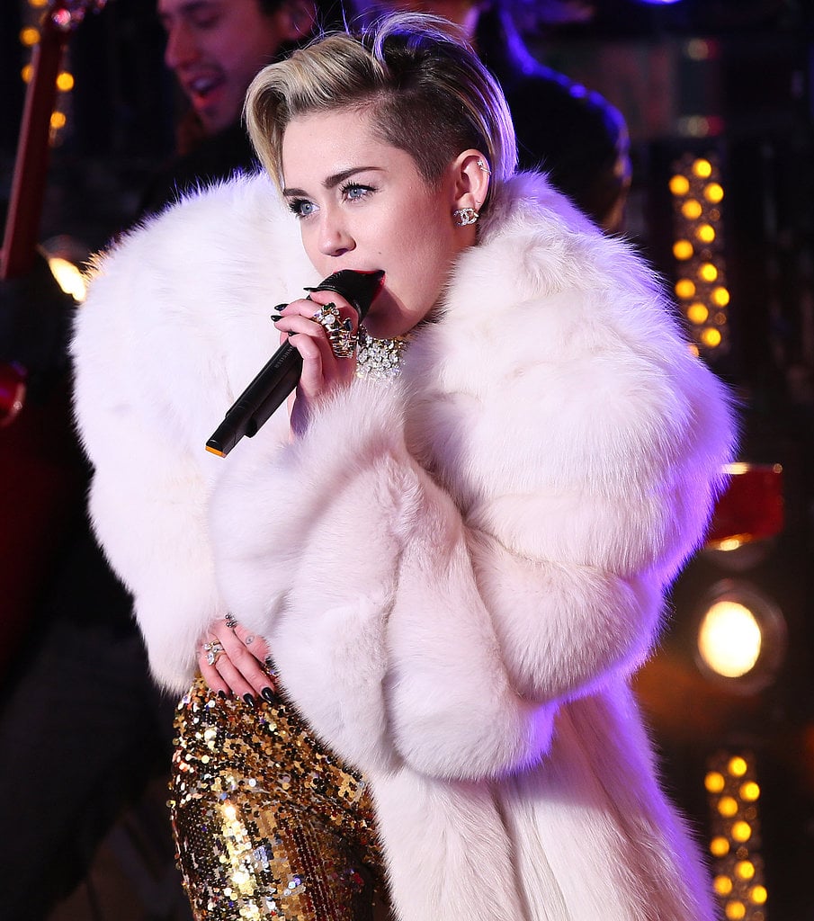 New Year's Eve typically means you pull out your most dramatic look and most sparkling ensemble, so of course everyone wanted to know how Miley Cyrus was styled on New Year's Eve (she is the queen of over-the-top looks, after all). This photo from her Times Square performance took off on Facebook.