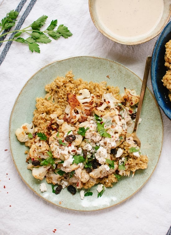 Roasted Cauliflower, Freekeh, and Garlic-Tahini Sauce