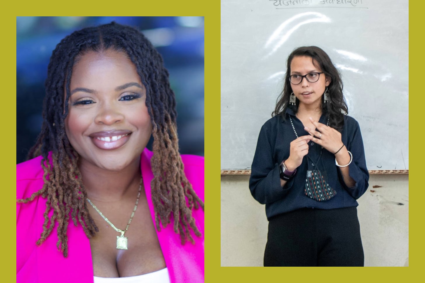 A headshot of Teirra Scott and a picture of Astha Sharma teaching in a classroom are side by side.