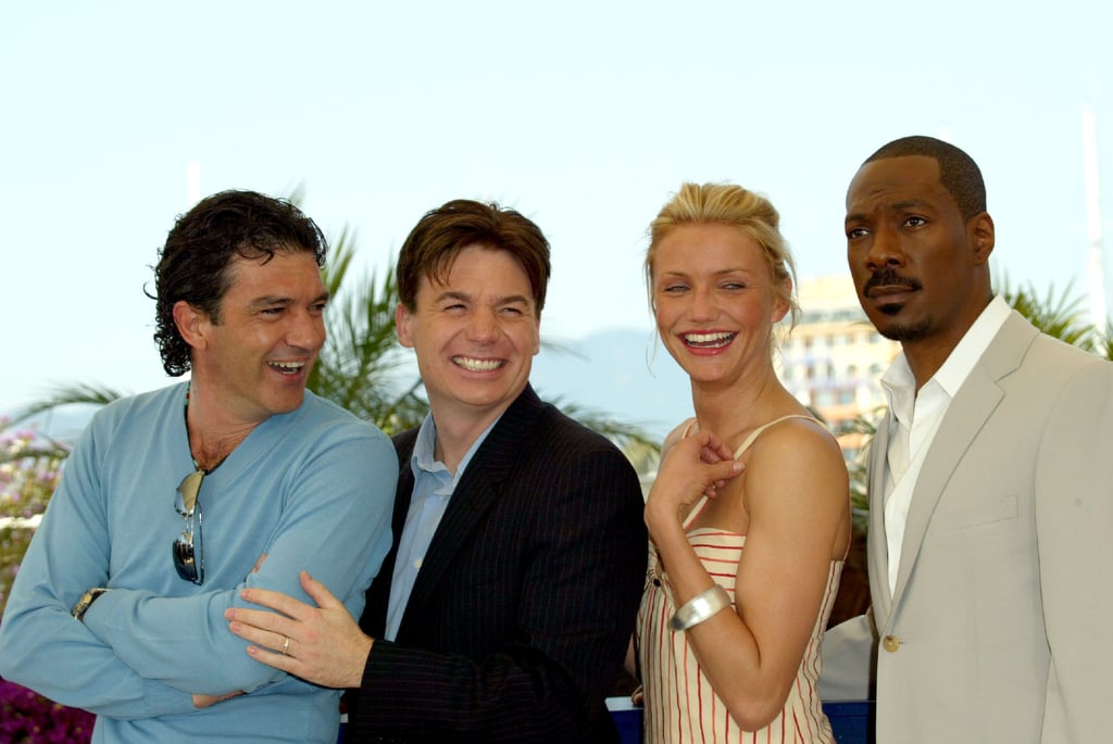 Antonio Banderas, Mike Myers, Cameron Diaz, and Eddie Murphy had a laugh at the Shrek 2 photocall in 2004.