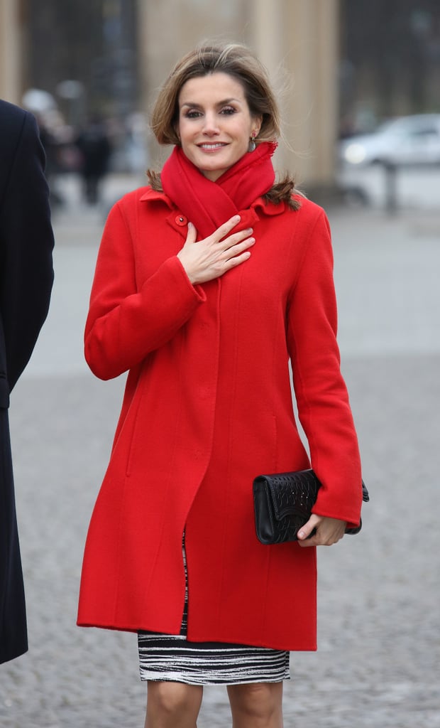 Queen Letizia of Spain bundled up for a brisk day in Berlin on Monday.