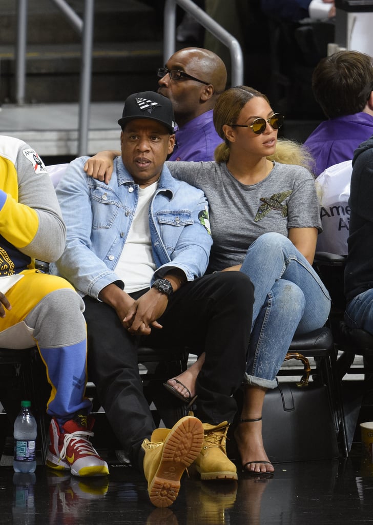 The duo did denim right front row at the Brooklyn Nets game in LA in ...