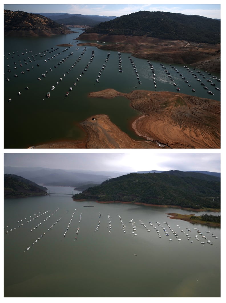 An aerial view of Lake Oroville.