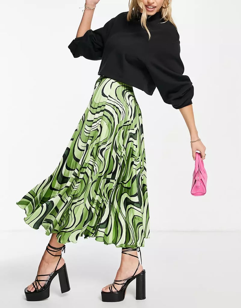 Fun And Funky Print Asos Design Satin Pleated Midi Skirt Shop The Best Asos Clothes For Women 7133