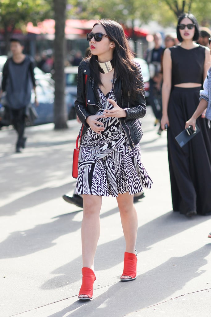 Red Balenciaga heels were the perfect pop of color against this black-and-white print.
Red Balenciaga heels were the perfect pop of color against this black-and-white print.