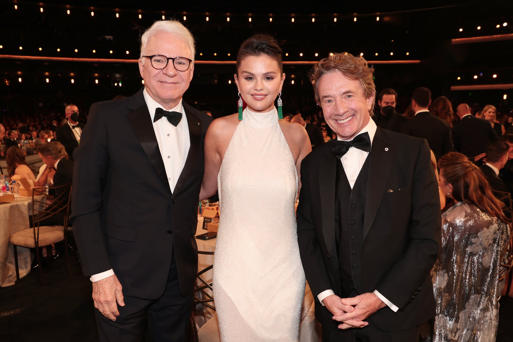 LOS ANGELES, CALIFORNIA - SEPTEMBER 12: 74th ANNUAL PRIMETIME EMMY AWARDS -- Pictured: (l-r) Steve Martin, Selena Gomez, Martin Short attend the 74th Annual Primetime Emmy Awards held at the Microsoft Theatre on September 12, 2022. -- (Photo by Christopher Polk/NBC via Getty Images)