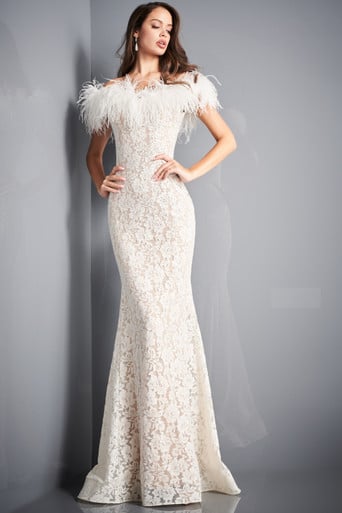 Jovani lace feather neck gown