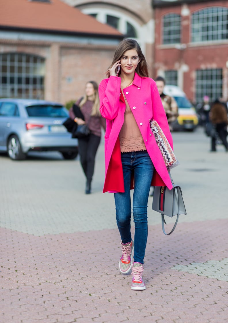 Match Bright Pink Sneakers to Your Trench Coat