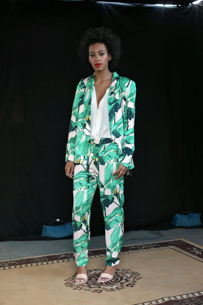 Solange Knowles was undeniably fresh in a green printed Pencey x Mia Moretti suit and nude ankle-strap sandals at the 2013 South by Southwest festival in Austin. Solange Knowles was undeniably fresh in a green printed Pencey x Mia Moretti suit and nude ankle-strap sandals at the 2013 South by Southwest festival in Austin.