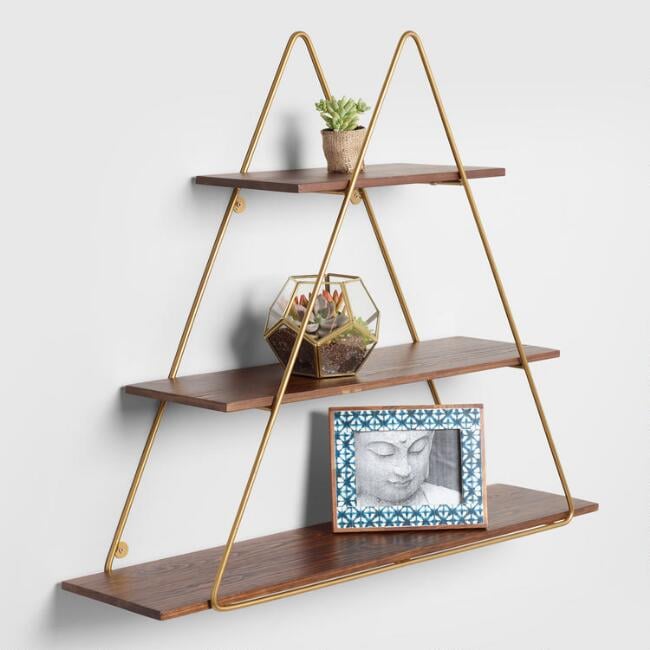 Wood and Gold Triangle Wall Shelf