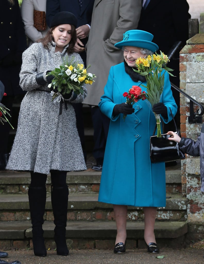 Princess Eugenie helped her grandmother carry numerous bouquets of flowers in 2012.