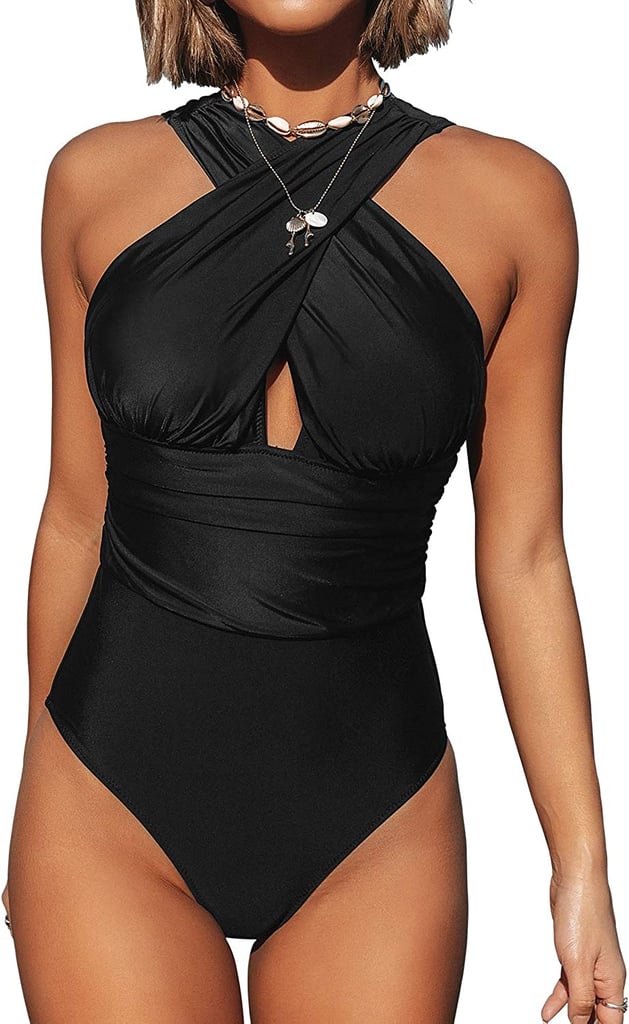 Cupshe Ruched Cross Over Solid Beach Swimsuit Most Flattering One Piece Swimsuits On Amazon 3244