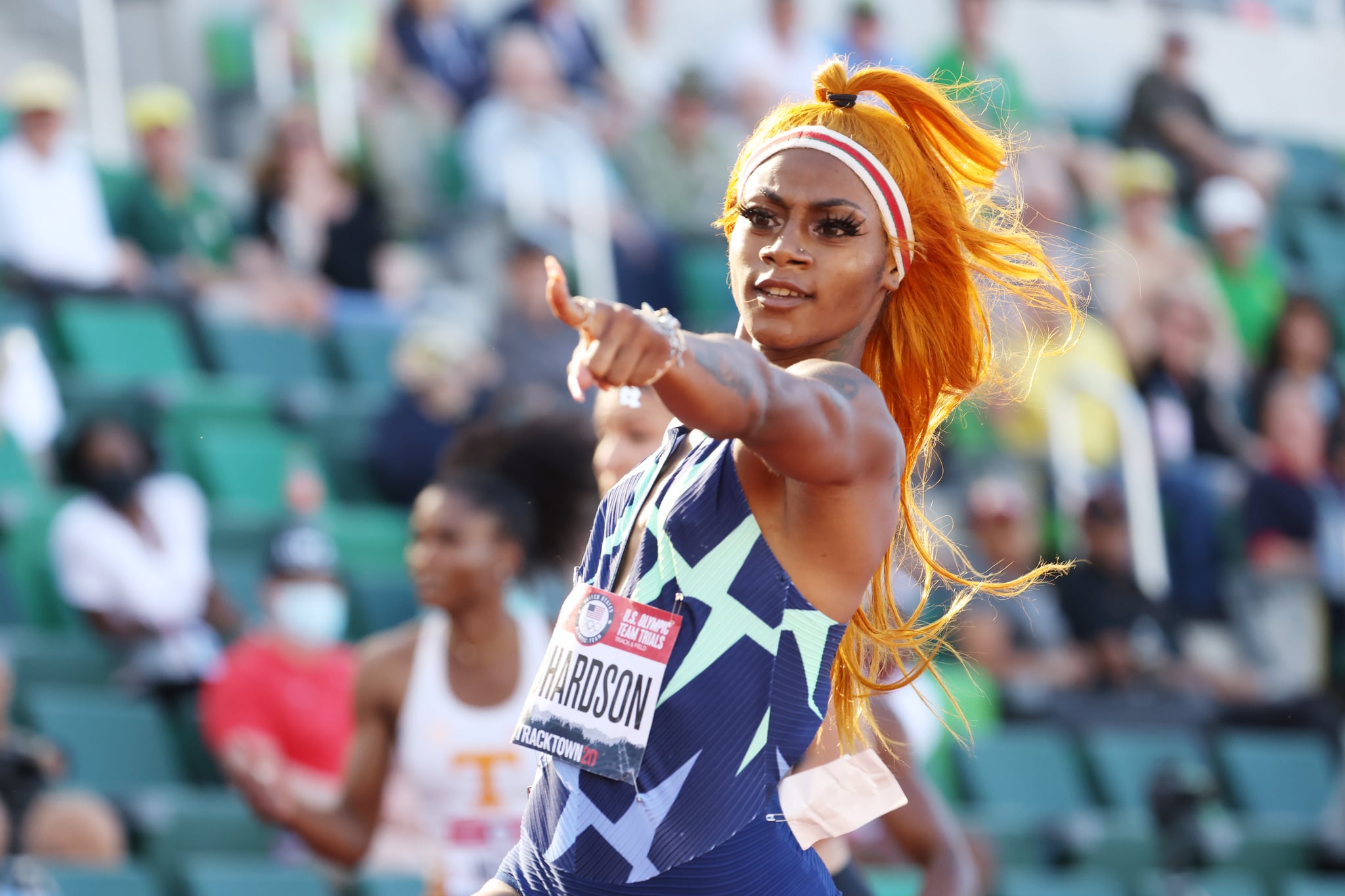 Sha'Carri Richardson competes in the Women's 100 Meter Semi-finals at the 2020 U.S. Olympic Track and Field Team Trials.