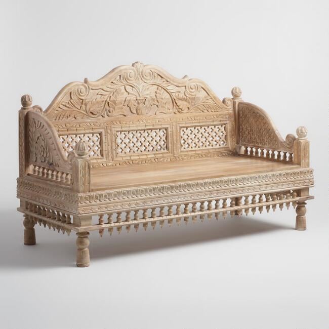White Antique Carved Wood Bench