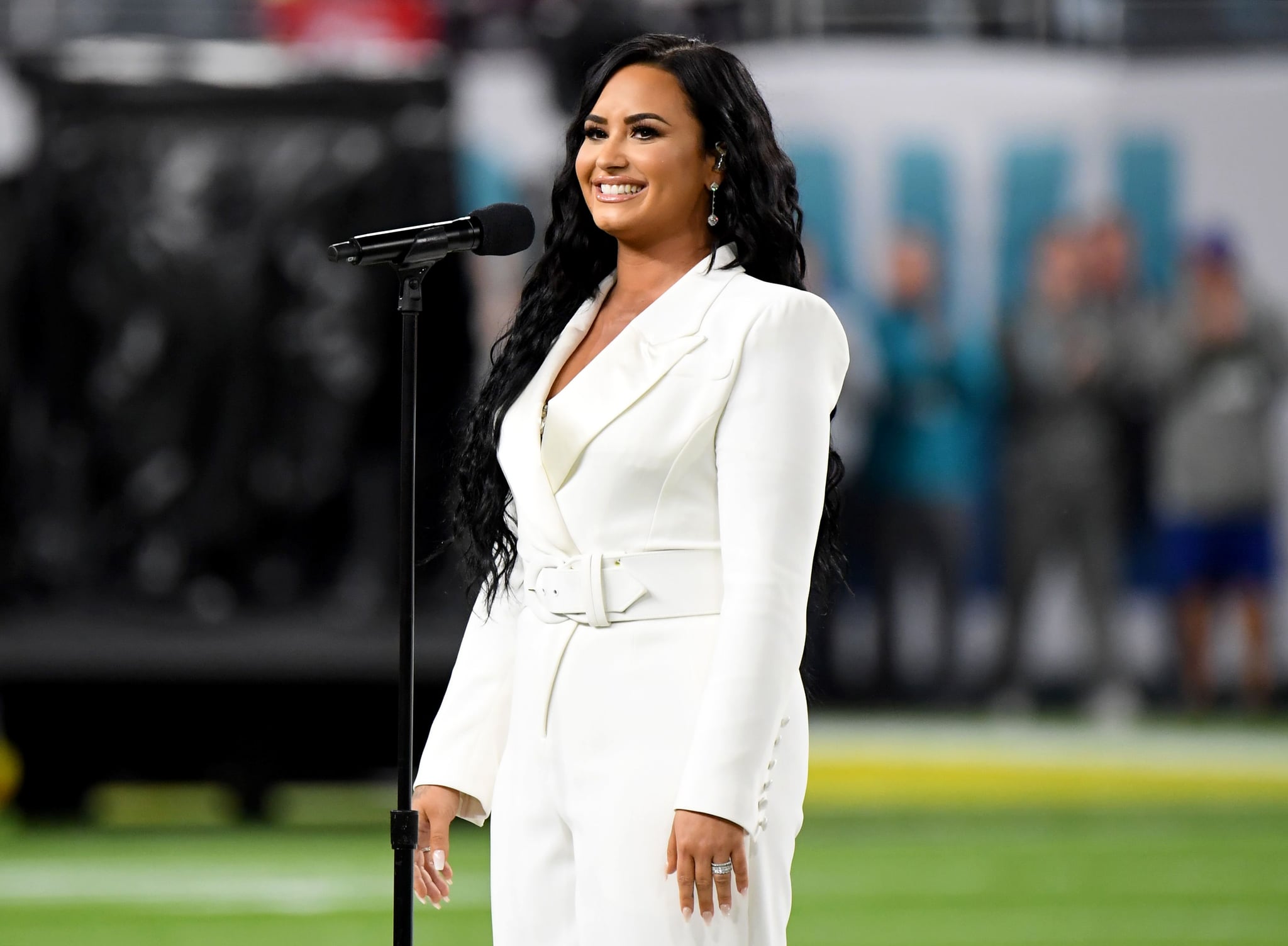 MIAMI GARDENS, FLORIDA - FEBRUARY 02: Demi Lovato performs the National Anthem onstage during Super Bowl LIV at Hard Rock Stadium on February 02, 2020 in Miami Gardens, Florida. (Photo by Jeff Kravitz/FilmMagic)