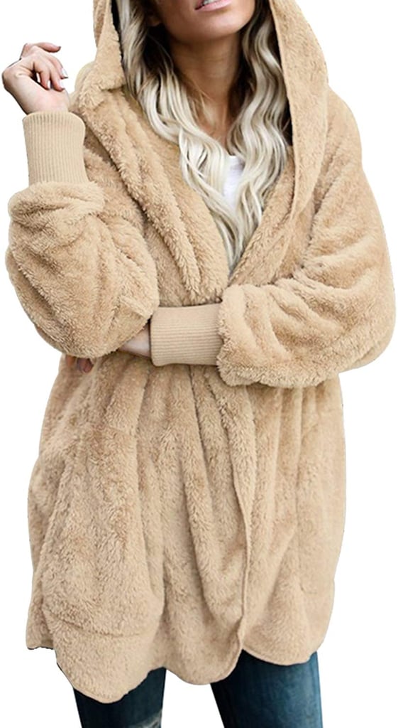 Dokotoo Fuzzy Fleece Open-Front Hooded Cardigan in Tan