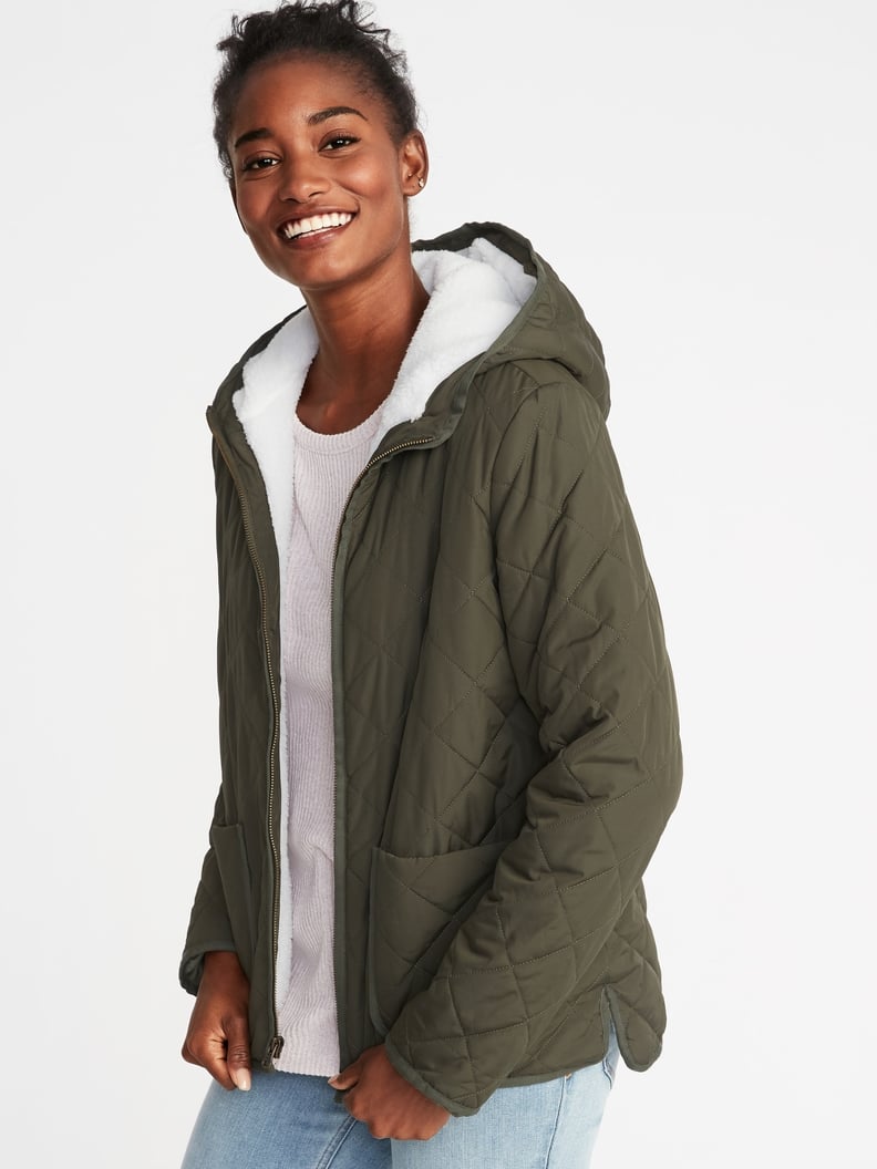 Quilted Sherpa-Lined Hooded Jacket For Women 