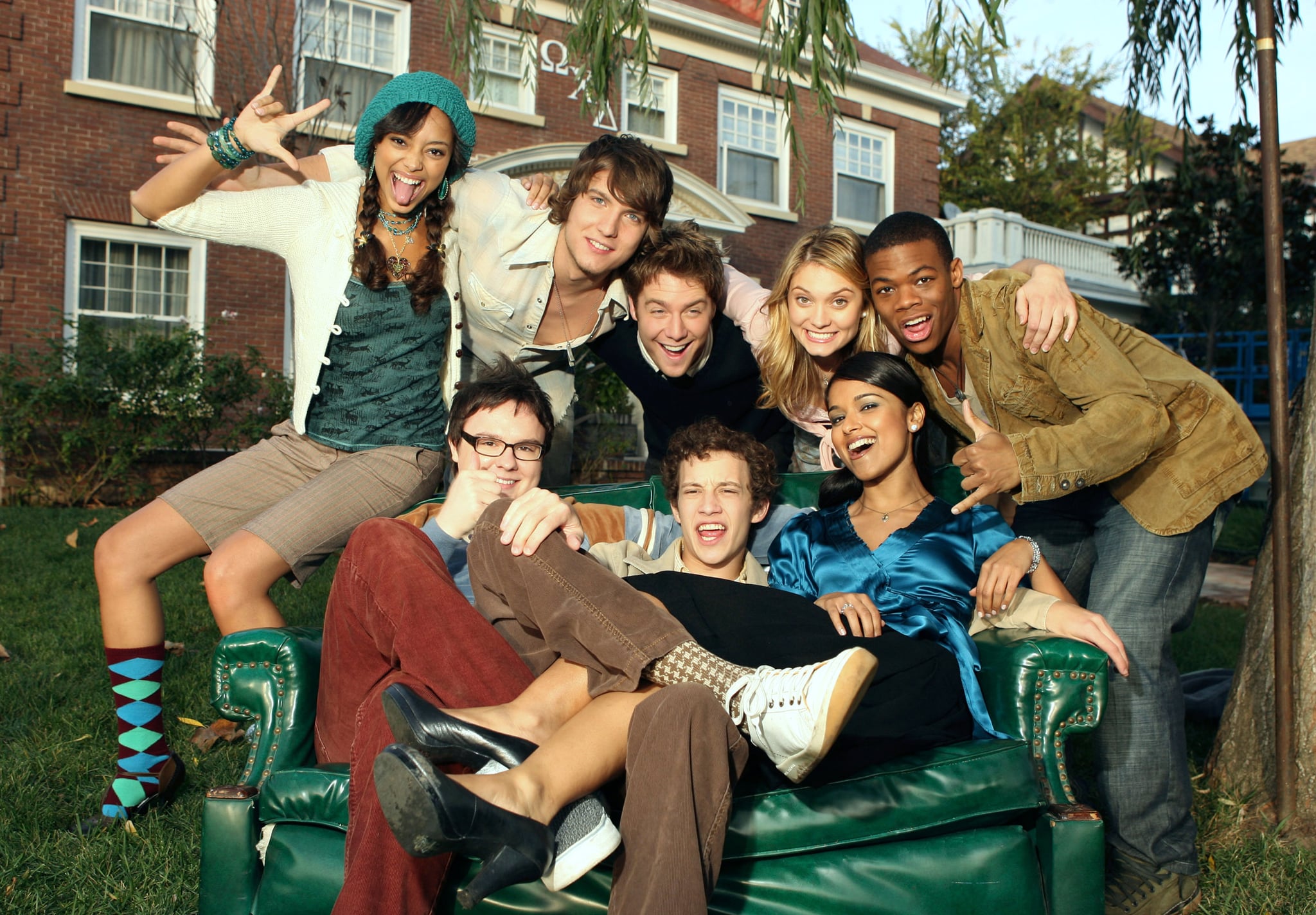 GREEK, (back, l to r): Amber Stevens, Scott Michael Foster, Jake McDorman, Spencer Grammer, Paul James, (front): Clark Duke, Jacob Zachar, Dilshad Vadsaria, 'Pilot', (Season 1, airing July 9, 2007), 2007-11. photo: Jaimie Trueblood /  ABC Family / Courtesy: Everett Collection