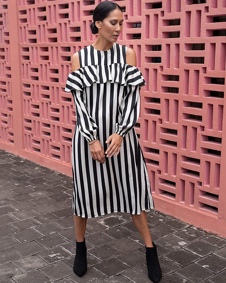 The Drop Black/White Stripe Cold-Shoulder Long-Sleeve Midi Dress by @jonnycota