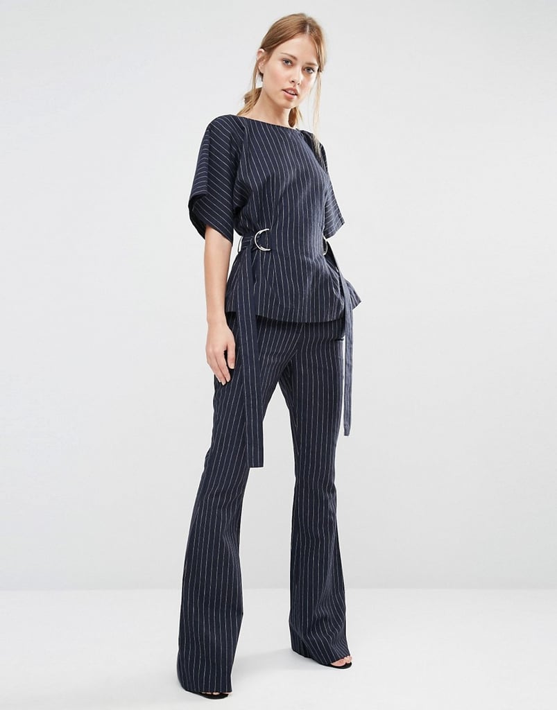 Finders Keepers Pinstripe Flares ($194) and Belted Top ($178)