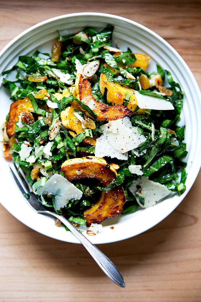 Raw Collard Green Salad with Roasted Delicata Squash, Almonds, & Parmesan