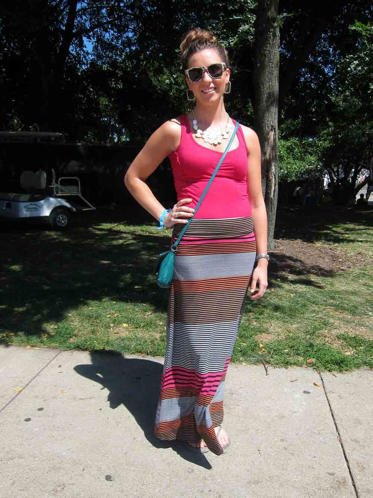 Bright pink had its moment in the sun with Mary Kate's striped colorblock Target skirt with similarly colored sunglasses.