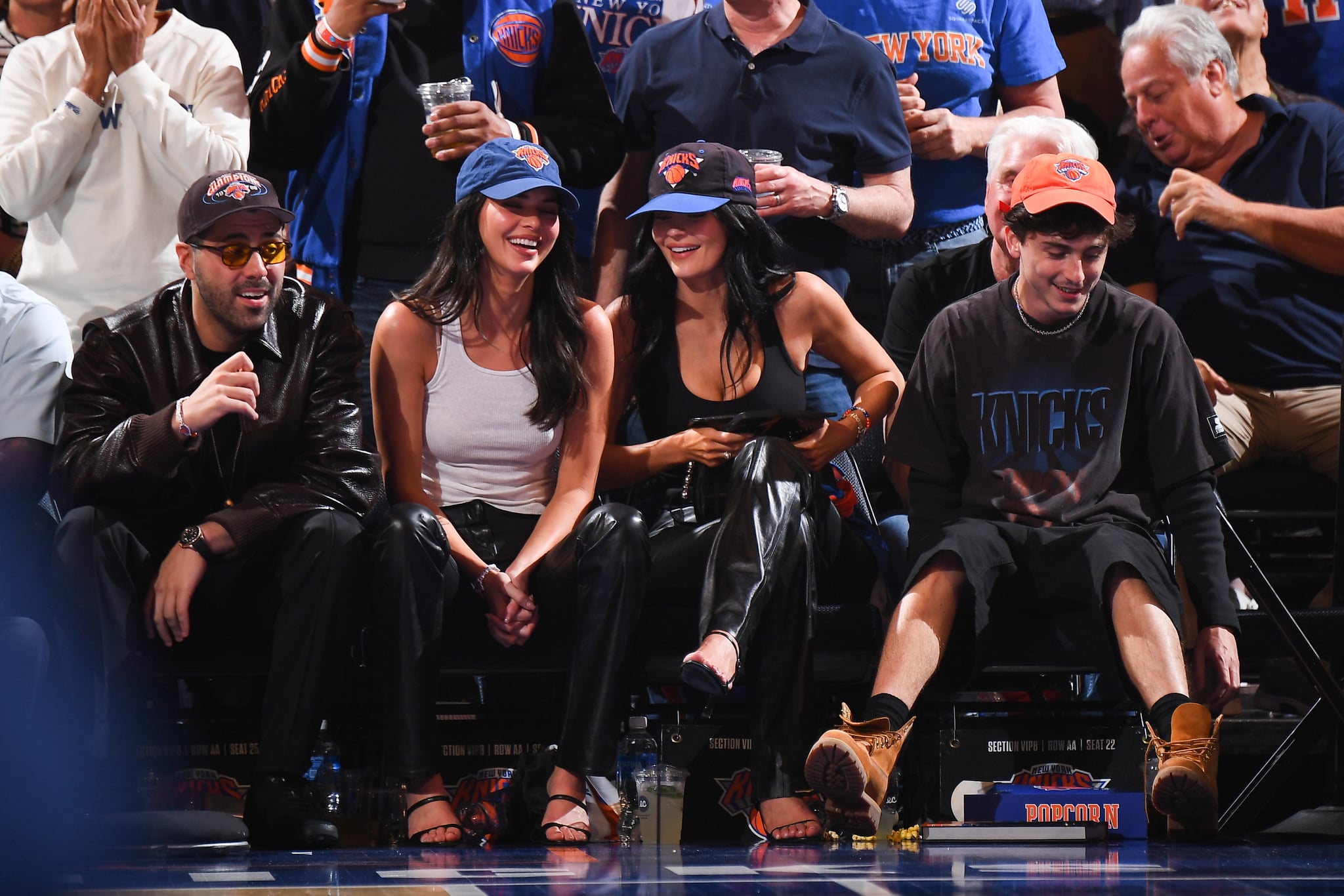 Kendall Jenner, Kylie Jenner and Timothée Chalamet attends a game between the Boston Celtics and New York Knicks during Round 2 Game 4 on May 12, 2025 at Madison Square Garden in New York City, New York.
