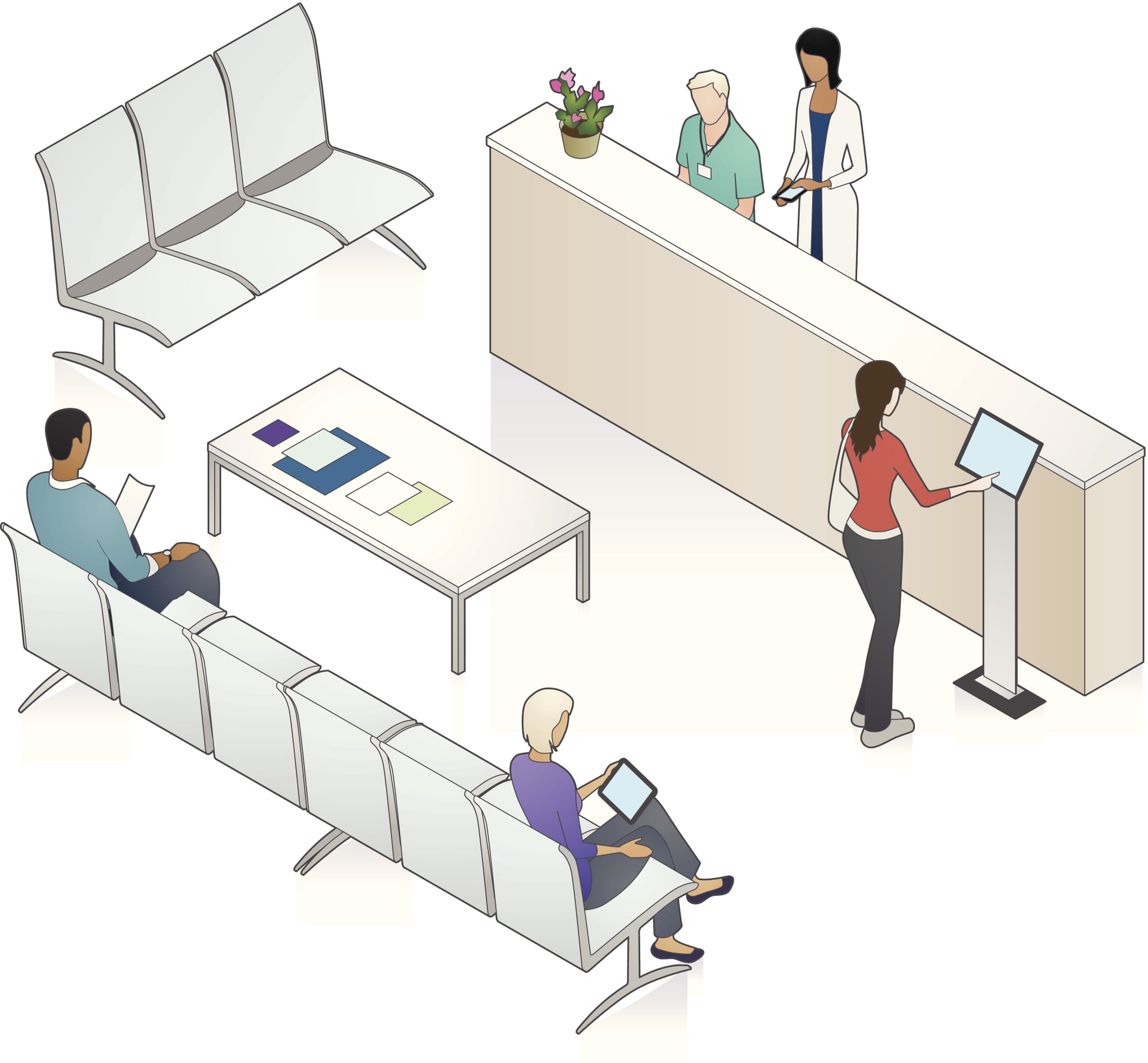 Patients and medical professionals in a waiting area, including a touch-screen check-in kiosk.