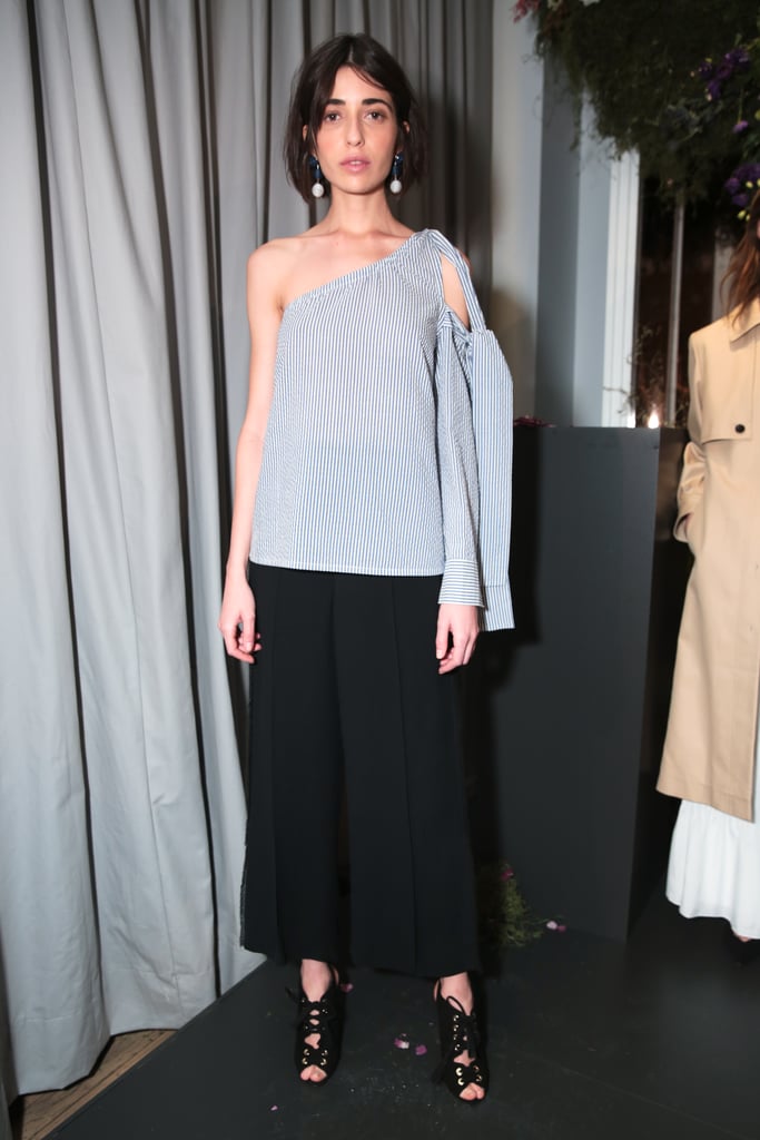 Club Monaco Charu Fringe Pant ($199), Elisabet Top ($160), Bauble Stripe Earring ($50), and Mireva Sandal ($329)