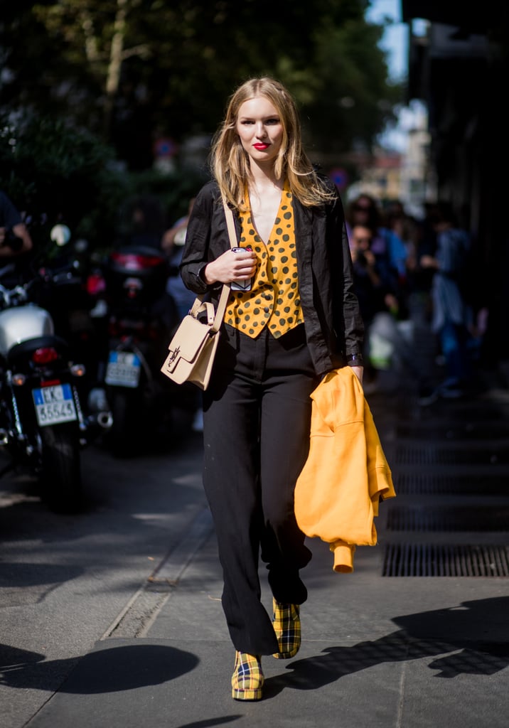 Wear a Polka-Dot Blouse With Black Trousers