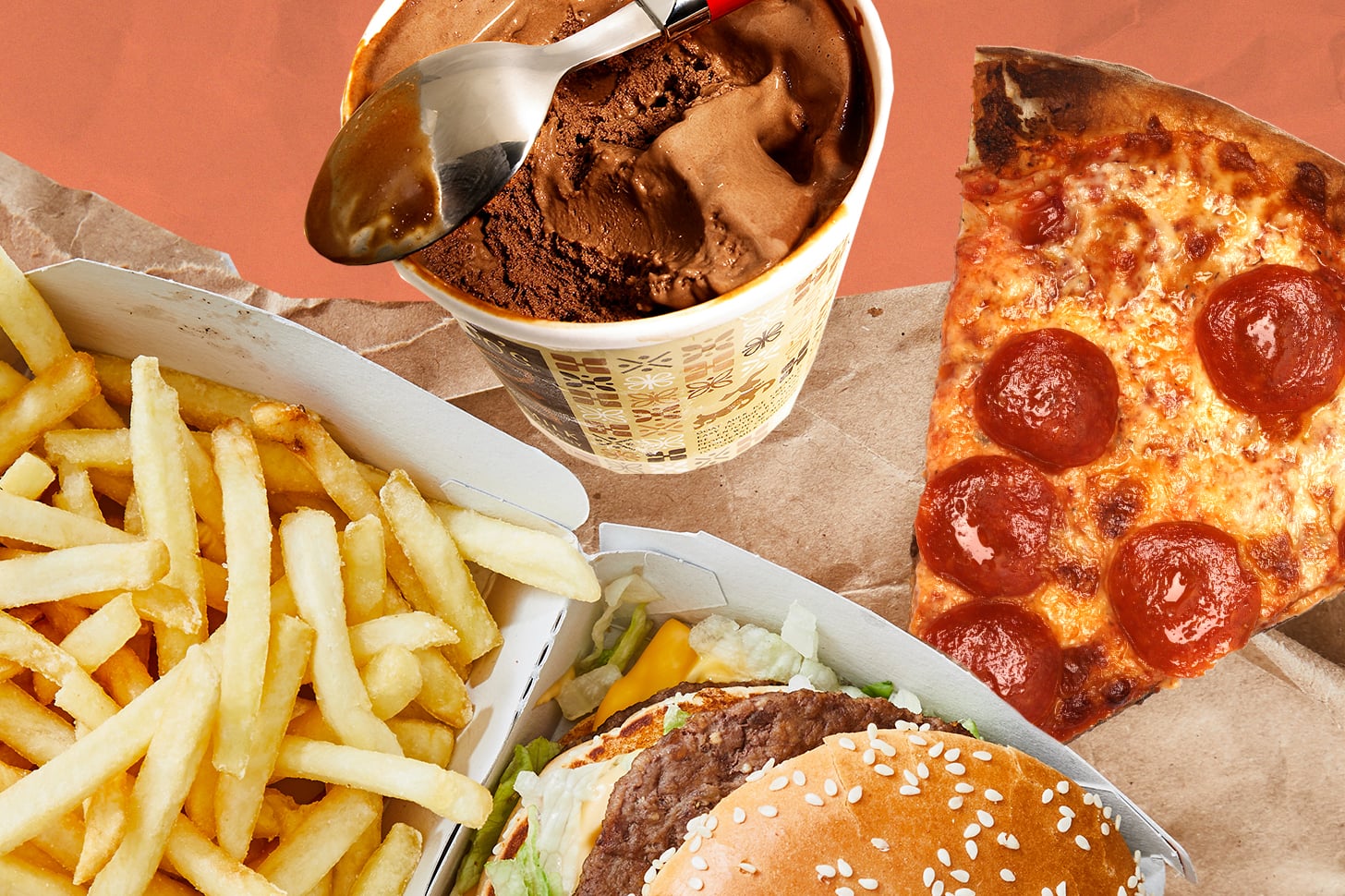 collage of post-sex snacks including fries pizza and a burger