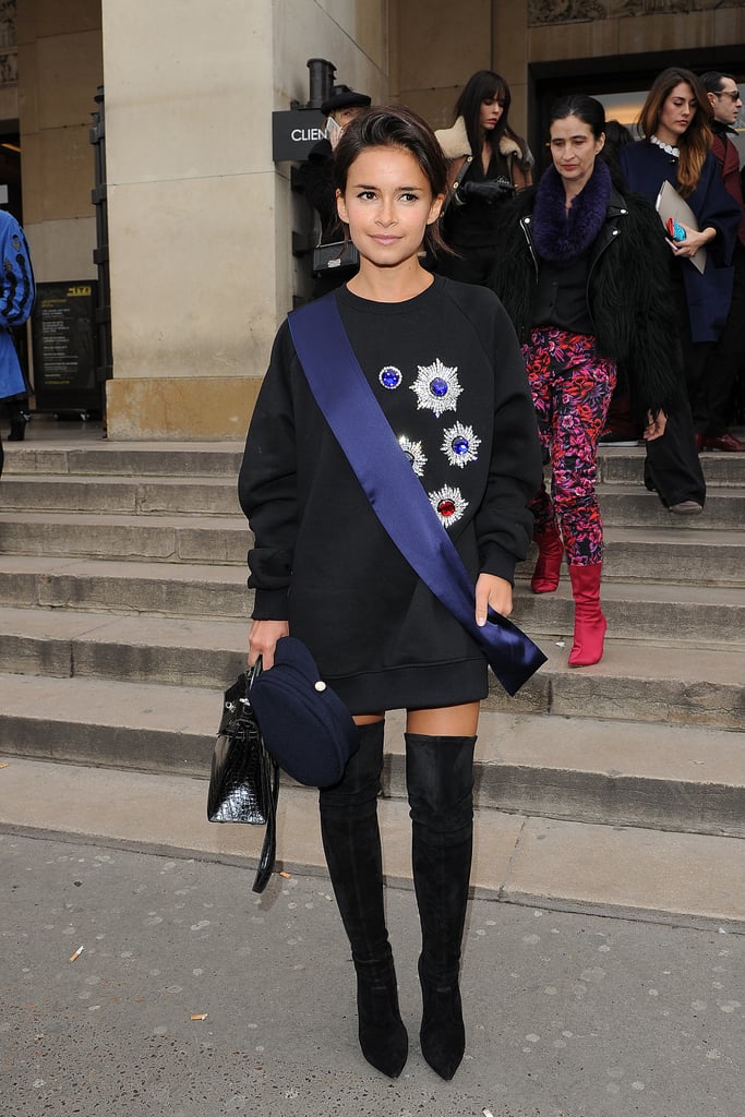 Miroslava Duma outside the Elie Saab Haute Couture show.