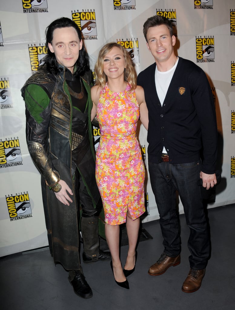 Scarlett Johansson had the pleasure of posing with her Captain America: The Winter Soldier costar Chris Evans as well as Thor: The Dark World's Tom Hiddleston — dressed as his character, Loki — at the Marvel panel in 2013.
