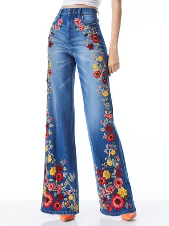 Alice & Olivia Embroidered Wide-Leg Jeans