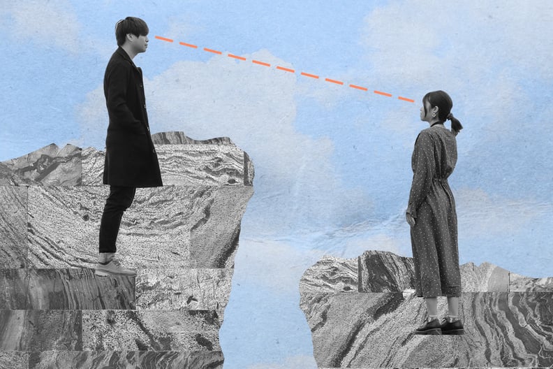 collage artwork of a couple standing on rocks of differing heights