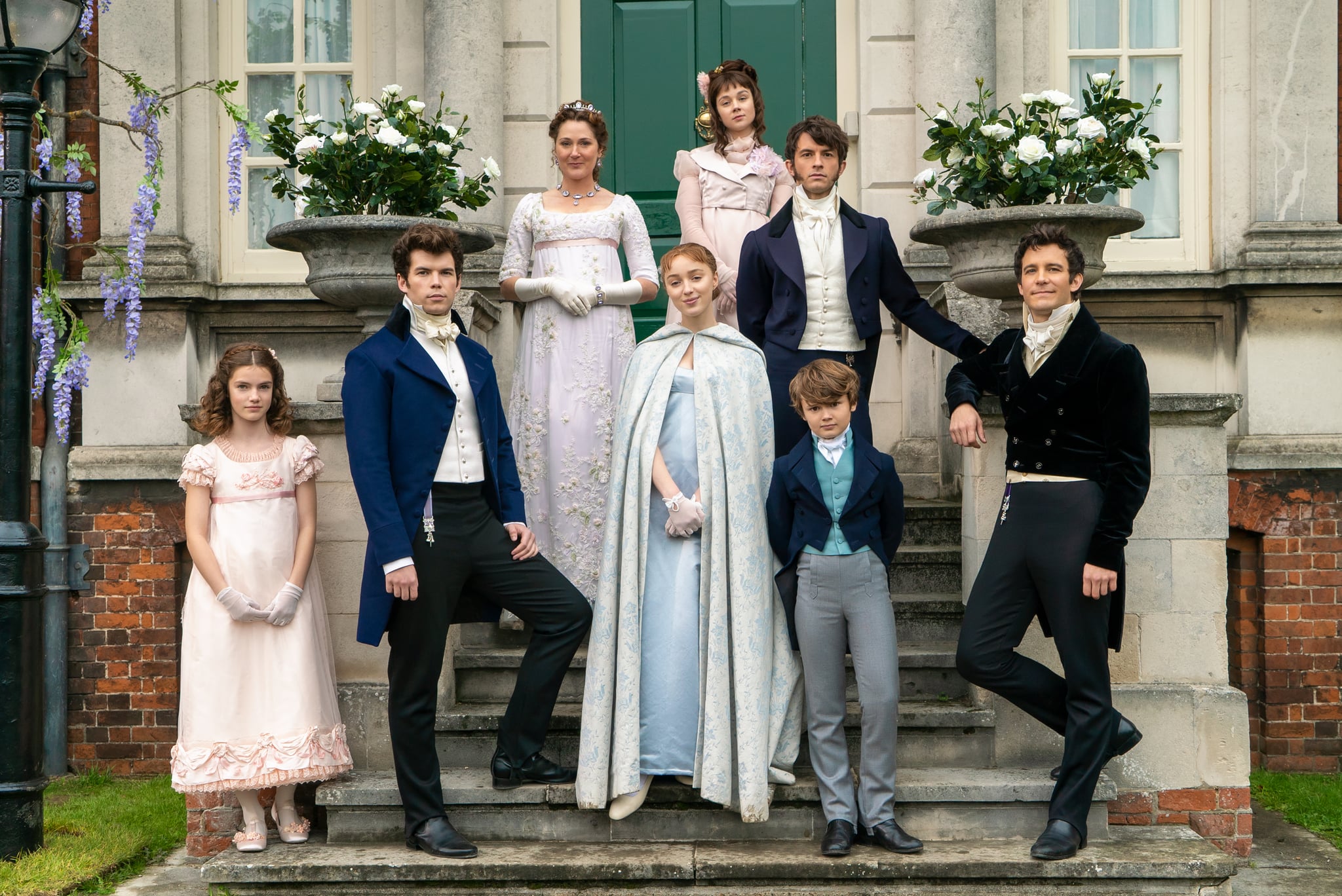 BRIDGERTON (L to R) FLORENCE HUNT as HYACINTH BRIDGERTON, LUKE NEWTON as COLIN BRIDGERTON, RUTH GEMMELL as LADY VIOLET BRIDGERTON, PHOEBE DYNEVOR as DAPHNE BRIDGERTON, CLAUDIA JESSIE as ELOISE BRIDGERTON, JONATHAN BAILEY as ANTHONY BRIDGERTON, WILL TILSTON as GREGORY BRIDGERTON and LUKE THOMPSON as BENEDICT BRIDGERTON in episode 105 of BRIDGERTON Cr. LIAM DANIEL/NETFLIX  2020